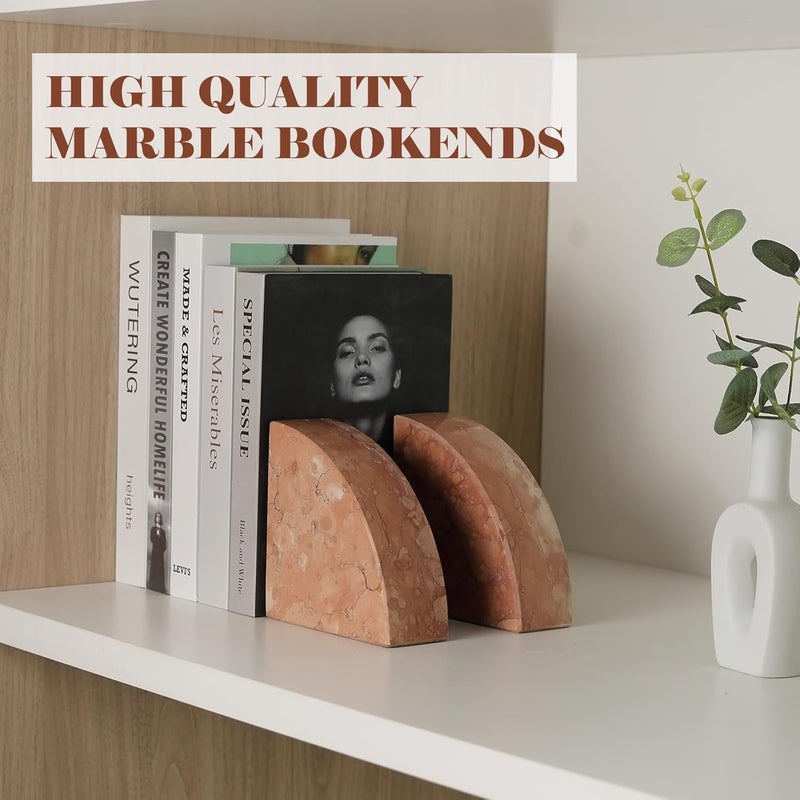 karibiber Marble Bookend for Shelves, Non-Skid Bookends for Heavy Books, Heavy Duty Book Stopper for CDs, Luxury Book Shelf Holder, Quarter Circle Design Book Ends Decorative, Perlino Rosato, Set of 2 - Image 5